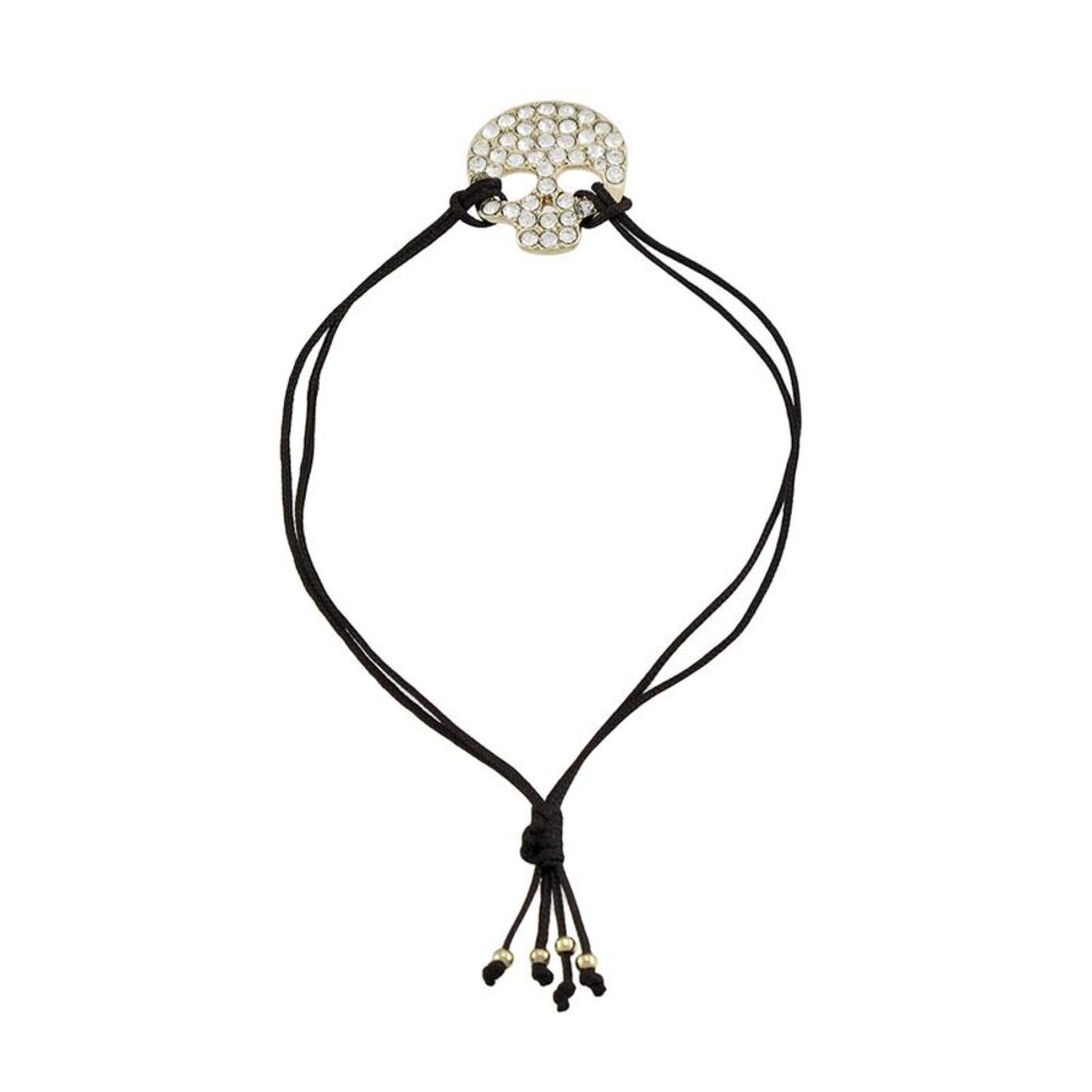 Adjustable Brown Nylon Cord Bracelet w/ Rhinestone Encrusted Rhinestone Skull